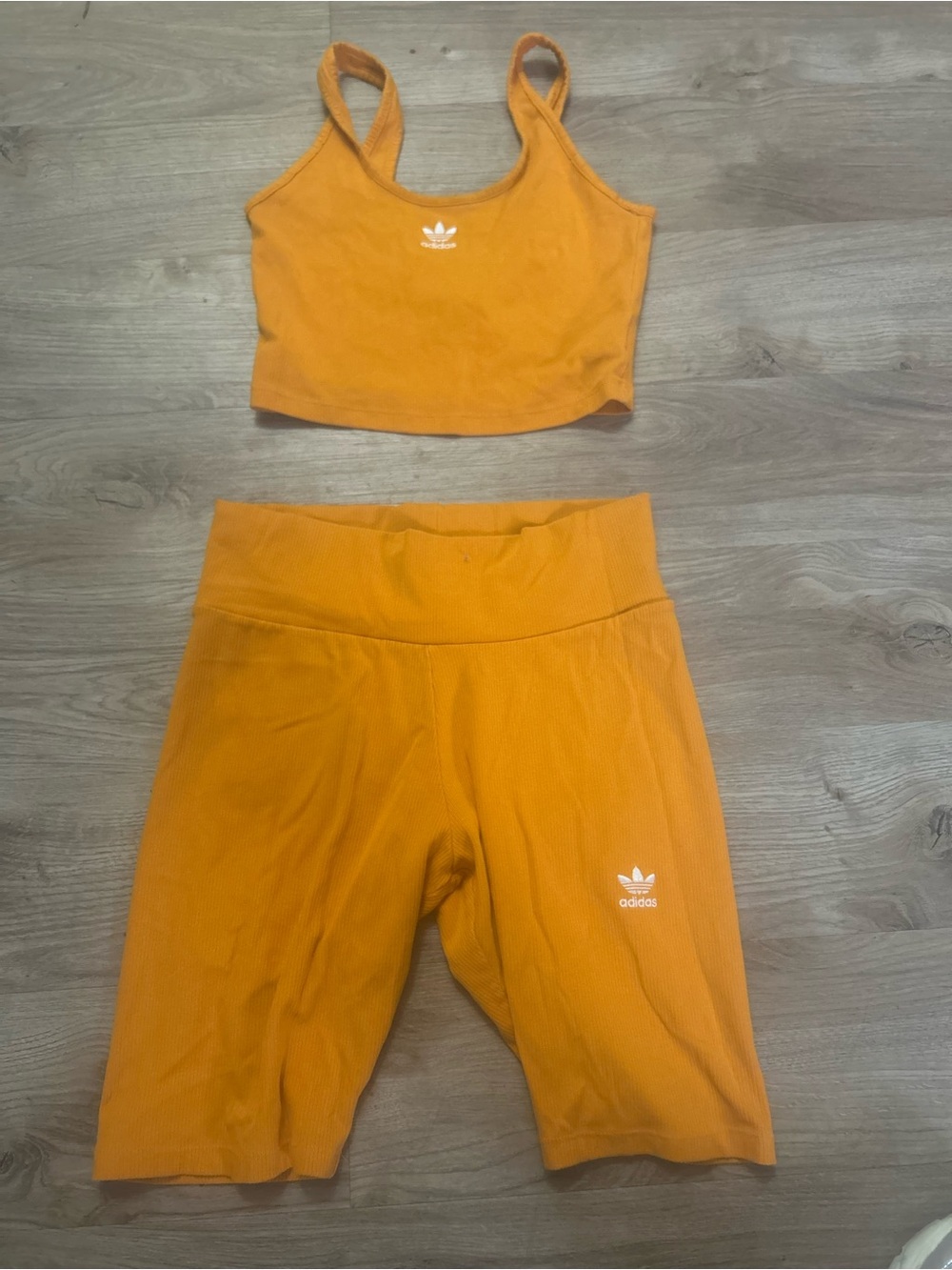 adidas women Orange Ribbed Bike Shorts Set - Logo Crop Tank & Shorts